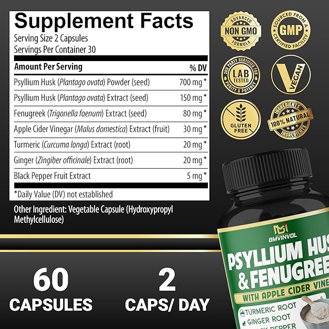 BMVINVOL 6in1 Psyllium Husk, Fenugreek, Apple Cider Vinegar, Turmeric, Ginger, Black Pepper - Soluble Fiber for Supports Digestive Health & Regularity (60 Capsules)