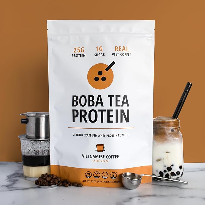 Boba Tea Protein Vietnamese Coffee | 25g Grass-Fed Whey Protein Isolate Powder | 112mg Caffeine | Gluten-Free & Soy-Free Bubble Tea Drink | Real Ingredients & Lactose-Free Protein Drink | 25 Servings