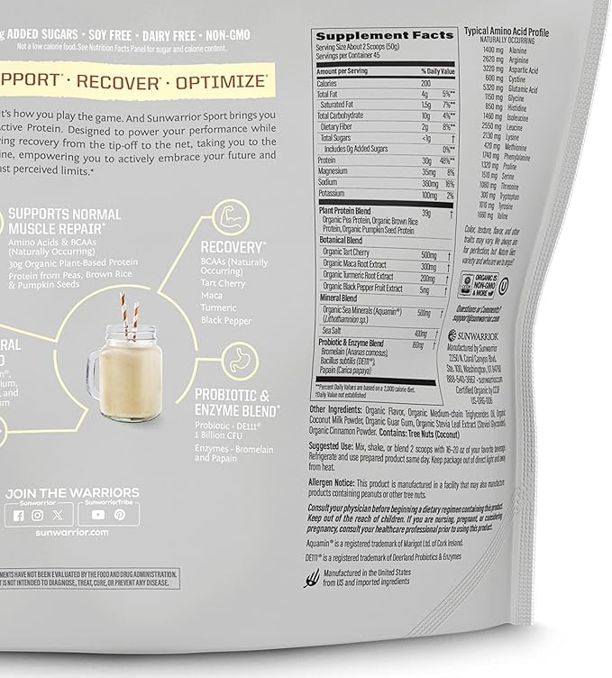 Sunwarrior Vegan Protein Powder USDA Organic Blend | Plant-Based BCAA Sugar, Gluten, Dairy Free Non-GMO | Vanilla 4.96lbs | Sport Active