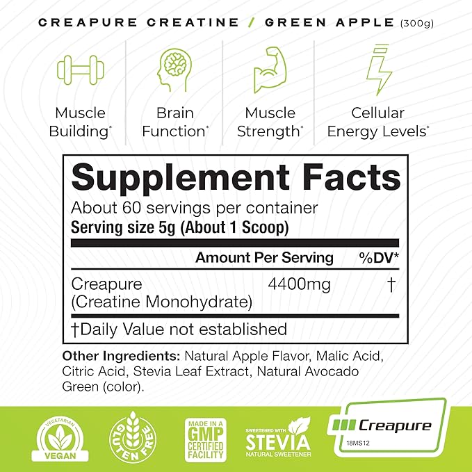 Muscle Feast Creapure Creatine Monohydrate Powder, Vegan Keto Friendly Gluten-Free Easy to Mix, Muscle Recovery Supplement and Best Creatine for Muscle Growth, Natural Green Apple, 300g