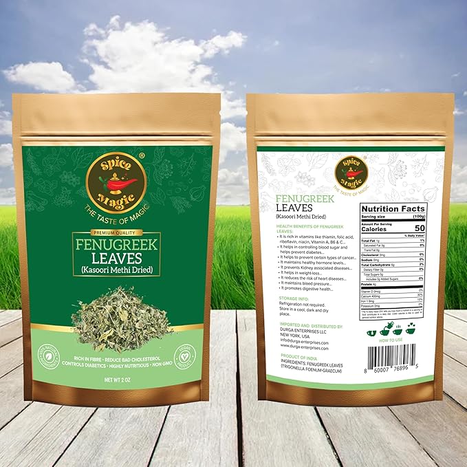 SPICE MAGIC Fenugreek Leaves – Kasoori Methi Premium Quality, Whole and Aromatic for Seasoning, Baking, and Cooking – 2 oz (2 OZ, Fenugreek Leaves)