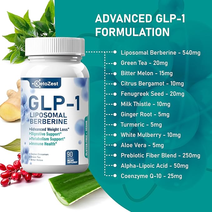 GLP-1 Weight Loss Supplement - 15-in-1 GLP1 Booster for Weight Management Appetite Suppressant Fat Burn for Women Men - with Liposomal Berberine HCl Bitter Melon Citrus Bergamot Fenugreek Seed