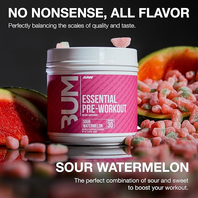 RAW Essential Pre-Workout Powder (Sour Watermelon) - Chris Bumstead Sports Nutrition Supplement for Men & Women Preworkout Energy with Caffeine, L-Citrulline, L-Tyrosine, Beta Alanine Blend