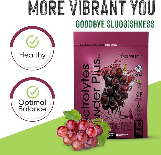 Electrolytes Powder Plus (100 Servings) Grape Electrolyte Powder Zero Calorie Keto, 0 Sugar, No Maltodextrin,1000mg Potassium,120mg Calcium,120mg Magnesium, Hydration Powder
