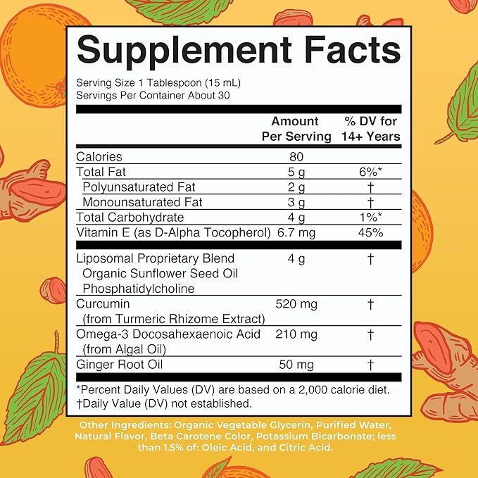 MaryRuth Organics | Liposomal Turmeric & DHA | Curcumin | Ginger Root Oil | Algal DHA & Vitamin E | Cognitive Function | Mood Support | Joint Health | Liquid Supplement | 15.22 oz