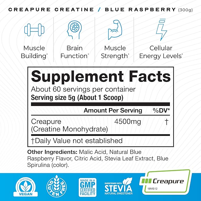 Muscle Feast Creapure Creatine Monohydrate Powder, Vegan Keto Friendly Gluten-Free Easy to Mix, Muscle Recovery Supplement and Best Creatine for Muscle Growth, Natural Blue Raspberry, 300g