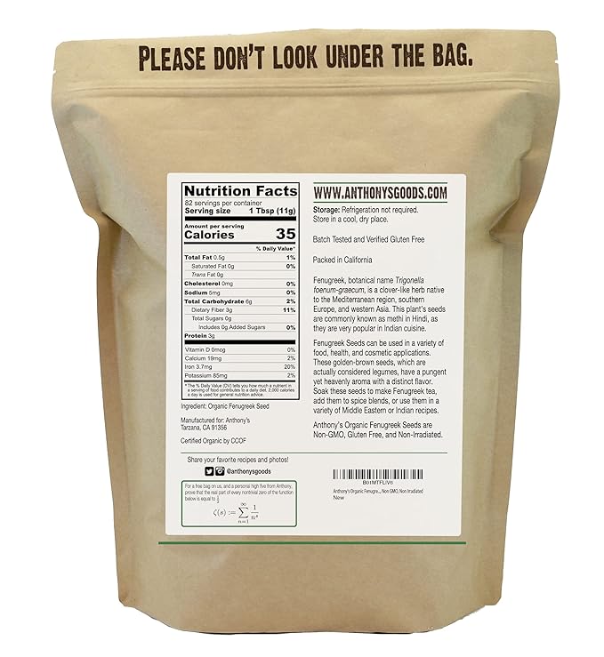 Anthony's Organic Fenugreek Seeds, 2 lb, Whole Methi Seeds, Gluten Free, Non GMO, Non Irradiated