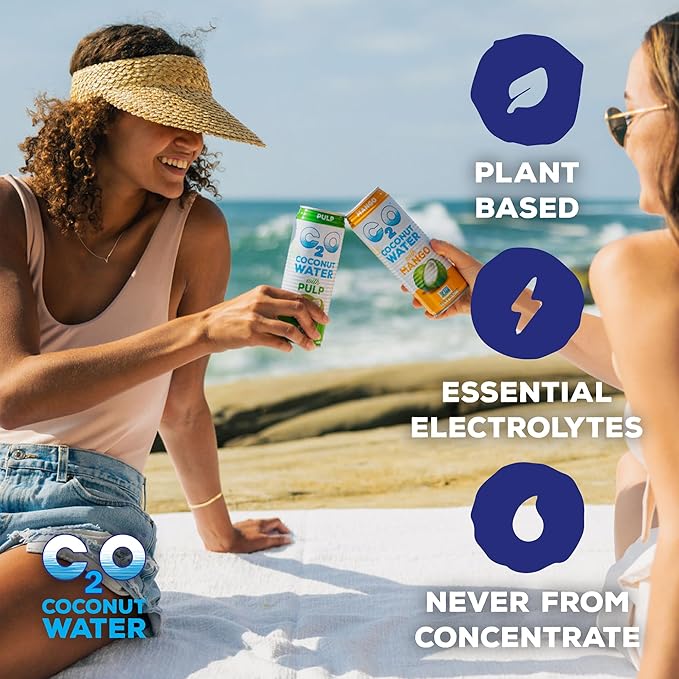 C2O - Coconut Water with Pulp (8 Pack) - Made with Fresh Coconut Water - Plant Based - Non GMO - Canned Water - Natural Hydration, Essential Electrolytes, & Potassium - 8 Cans, 16.3 FL OZ