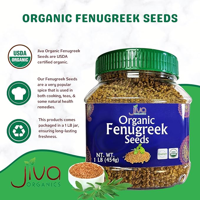 Jiva Organics Organic Fenugreek Seeds Whole 1 Pound Jar - Methi Seed for Cooking, Sprouting & Beauty Care