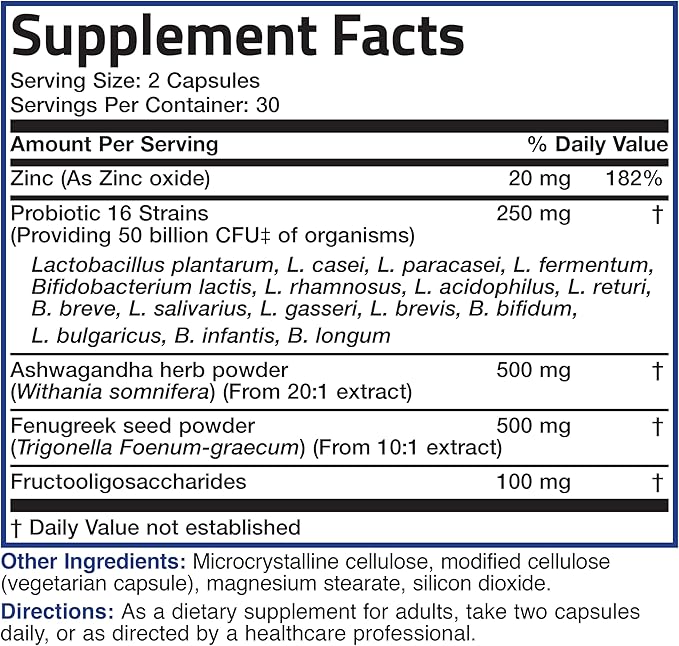 Bronson Men's Probiotic 50 Billion CFU Plus Prebiotic with Ashwagandha, Fenugreek & Zinc, Supports Healthy Digestion & Immune Function Non-GMO, 60 Vegetarian Capsules