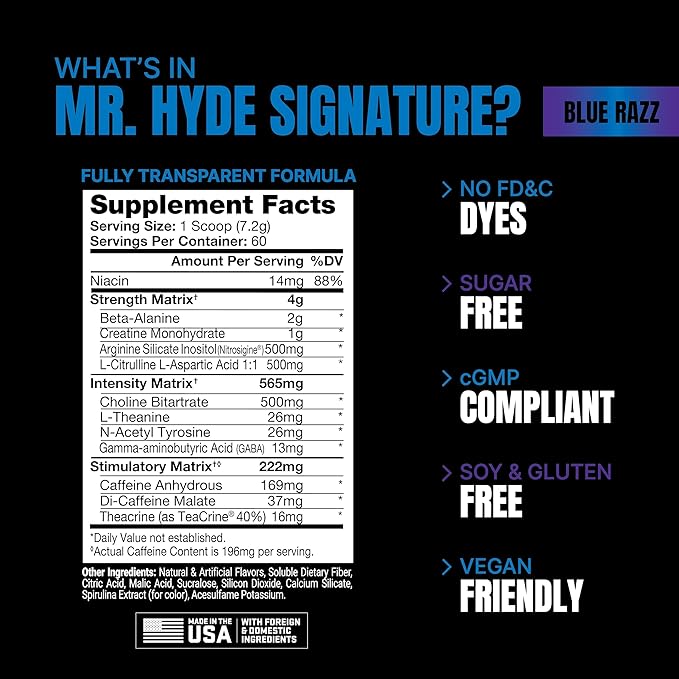 PROSUPPS Mr. Hyde Signature Pre Workout Powder with Creatine, Beta Alanine & Caffeine - Performance, Energy & Endurance - Clean Fitness & Gym Supplements for Men & Women (Blue Razz, 60 Servings)