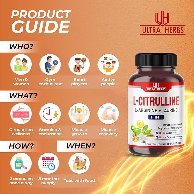L-Citrulline Supplement Capsules Enriched with L-Arginine, Taurine, Creatine, Tongkat Ali, Fadogia Agrestis | Ultra Nitric Oxide Booster for Muscle Endurance, Stamina & Recovery | 180 Capsules