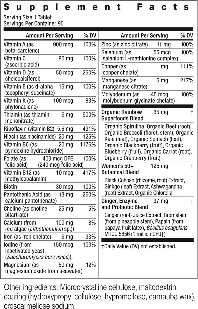 Rainbow Light Multivitamin for Women 50+, Vitamin C, D & Zinc, Probiotics, Women's One 50+ Multivitamin Provides High-Potency Immune Support, Non-GMO, Vegetarian, 90 Tablets