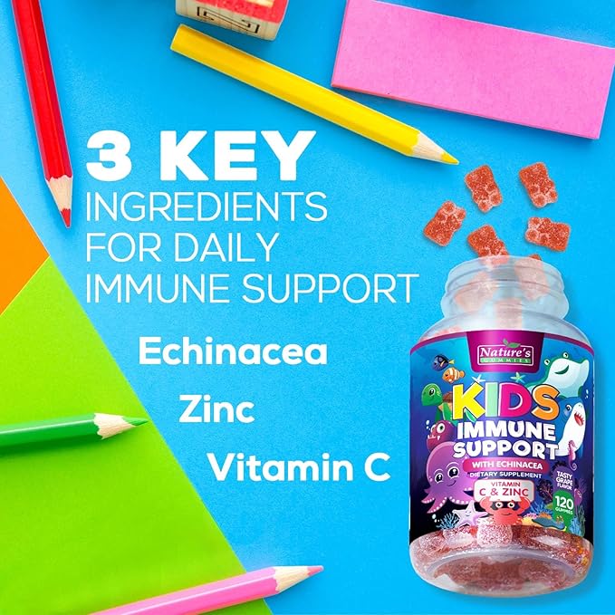 Kids Immune Support Gummies with Echinacea, Zinc & Vitamin C - Berry Flavor Chewable Kids Immunity Gummy Support, Non-GMO Gluten-Free Vegan - Daily Childrens Vitamins with Immune Support - 120 Gummies