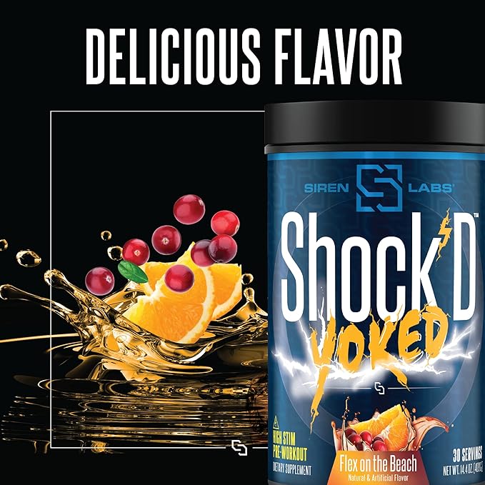 Siren Labs Shock’D Yoked High Stim Pre-Workout – Caffeine, Taurine, Citrulline Malate, Agmatine, Betaine Anhydrous–High Energy & Powerful Muscle Pumps-Nitric Oxide–Flex on The Beach (30 Servings)