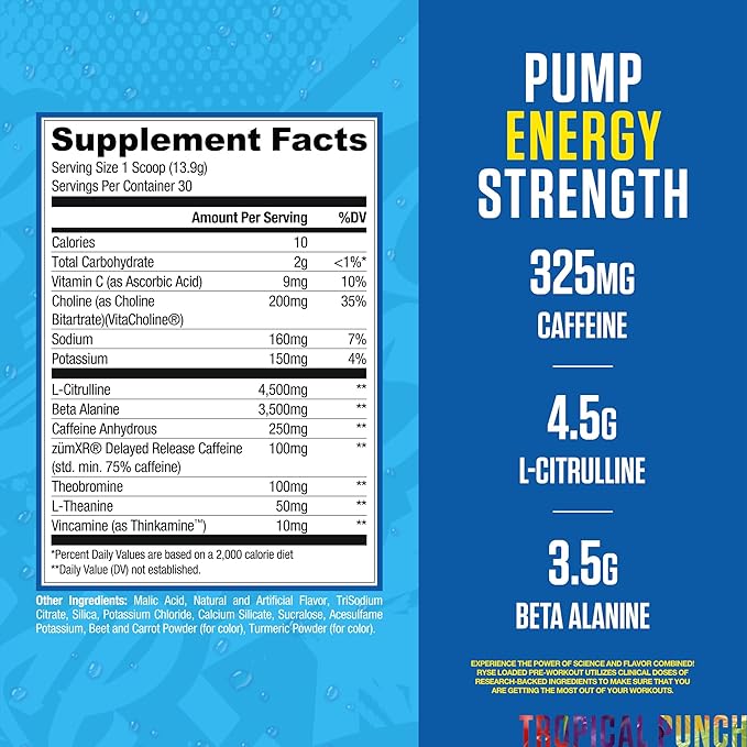 Ryse Loaded Pre Workout Powder - Kool-Aid Tropical Punch - Daily Pre-Workout for Men & Women with 325mg Caffeine, Beta Alanine, and Citrulline for Pump, Focus, and Energy - 30 Servings