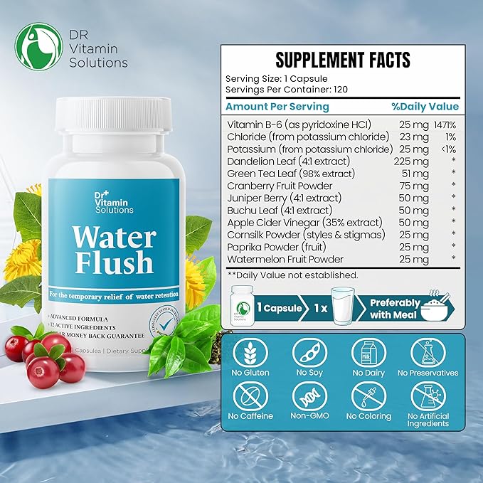 Dr Vitamins Diuretic Water Pills for Weight Control - Instant Natural Relief from Bloat and Swelling - Green Tea, Cranberry, Dandelion Leaf Extract - Water Retention Pills for Women & Men - 120 Caps