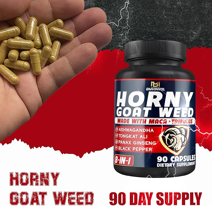 BMVINVOL Horny Goat Weed for Men - Extra Strength Supplement with Maca, Ginseng, Tribulus Terrestris, Ashwagandha - 90 Capsules