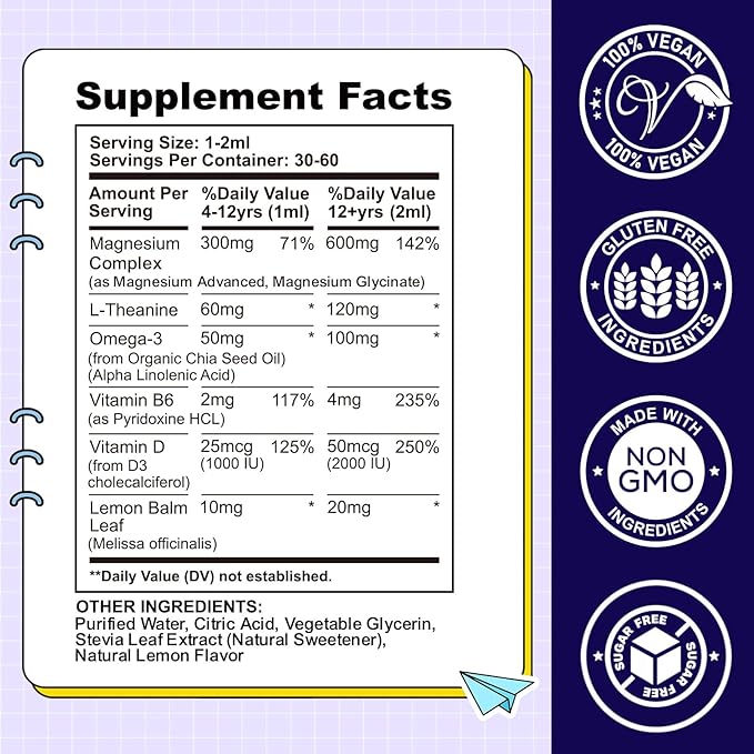 Kids Magnesium Liquid Drops-Magnesium Glycinate Liquid for Kids Supplement-w/L-theanine, Omega-3, Vitamin B6, D3 - for Sleep, Relaxation, Brain, Bones - Lemon Flavor, 2 Fl Oz