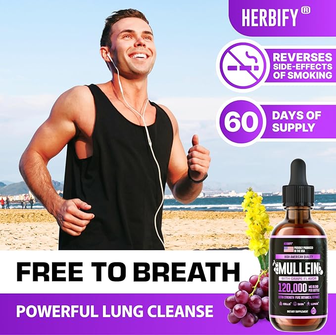 HERBIFY Mullein Drops - Lung Cleanse - Leaf Extract - Powerful Mullein for Immune Support,Detox & Respiratory Support - Made in USA - Herbal Supplements - 4 Oz Grape Flavor