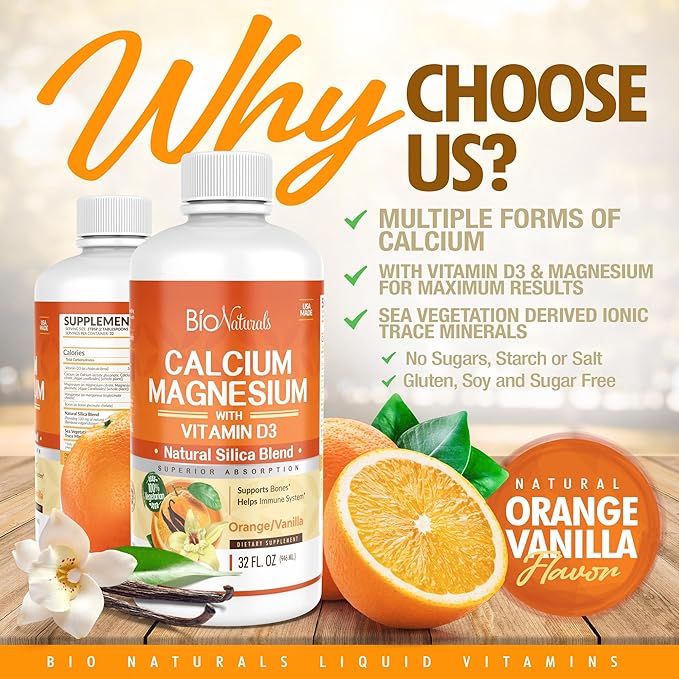 Bio Naturals Calcium & Magnesium Liquid Supplement with Vitamin D3 - Natural Formula, FOUR Types of Calcium Supports Strong Bones with Superior Absorption to Pills - 100% Vegetarian - 32 fl oz
