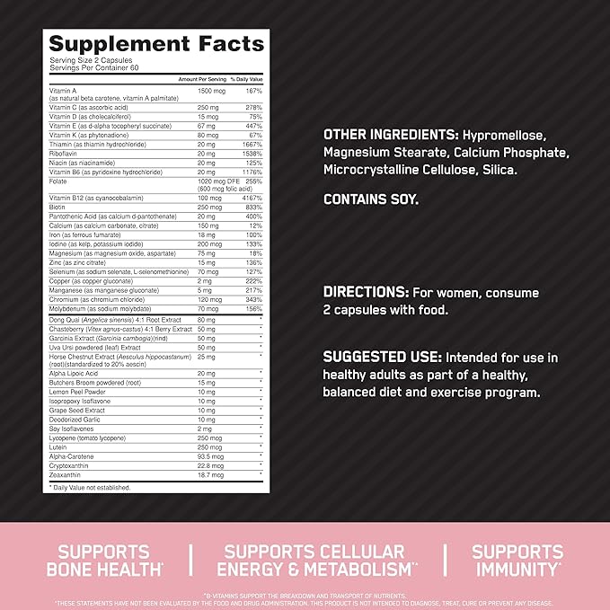 Optimum Nutrition Opti-Women, Vitamin C, Zinc and Vitamin D for Immune Support Womens Daily Multivitamin Supplement with Iron, Capsules, 120 Count
