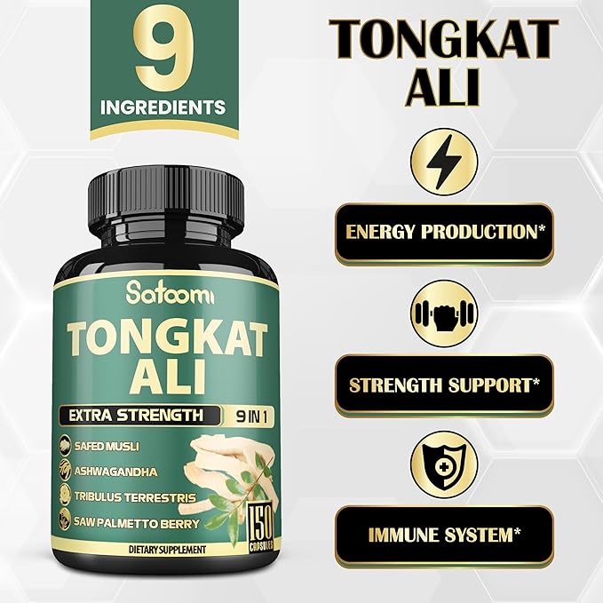 Satoomi 9in1 Tongkat Ali Root Extract 200:1 - Ashwagandha, Tribulus Terrestris - 150 Capsules for 5 Months - Support Strength, Energy & Healthy Immune