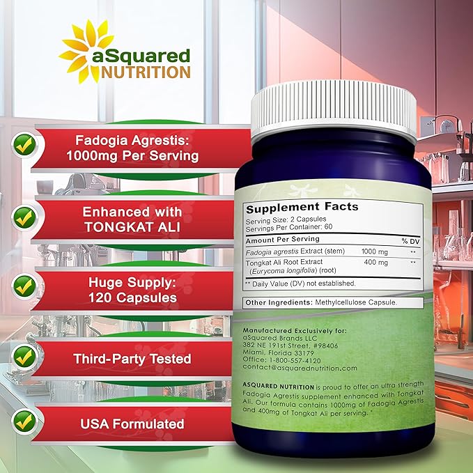 aSquared Nutrition Fadogia Agrestis 1000mg & Tongkat Ali 400mg - 120 Capsules - Fadogia Agrestis Extract Supplement and Powder Complex Pills
