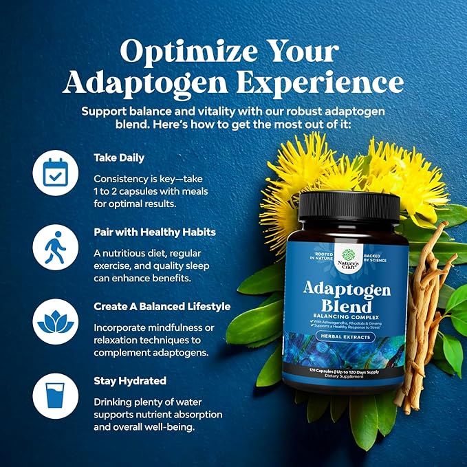 Herbal Adaptogen Mood Support Supplement - Calming Adaptogens Supplement for Stress & Cortisol Management with Ashwagandha Rhodiola Rosea & Maca Root - Vegan Non GMO & Daytime Friendly -120ct