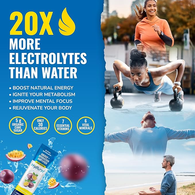 Electrolytes Powder Packets, Hydration Amplifier + Energy, Vitamins D3 K2 & B6 B12, L-Theanine, Cane Sugar, Caffeine Free Energy Drink Powder | Passion Fruit, 15 Pack