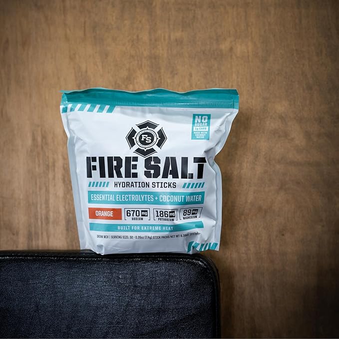 Fire Science Fire Salt Hydration Sticks, Electrolytes & Coconut Water, Hydration Drink Mix with Magnesium, Potassium & Sodium, Zero Sugar, Single Serve On The Go Packs, Vegan, Orange Flavor, 32 Count