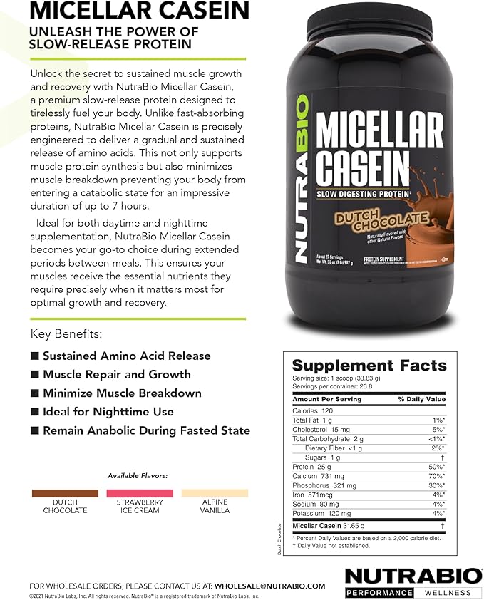 NutraBio Micellar Casein Protein Powder- Casein Protein Powder- Slow Digesting - Muscle Growth - Essential Amino Acids - Non-GMO - Gluten & Soy Free- 2 lbs Vanilla
