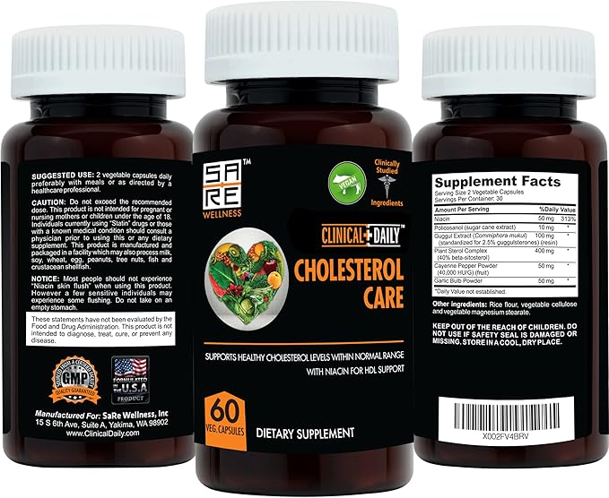Clinical Daily Cholesterol Care Supplement. Vegan Cholesterol and Triglyceride Supplements. Plant Sterols Supplements Cholesterol Support with Guggul, Garlic, Niacin. 60 Capsules