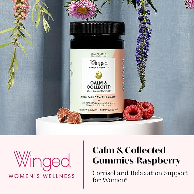 Winged Wellness Calm & Collected, Stress Relief Gummies - Stress Support Supplement with KSM-66 Ashwagandha, L-Theanine, GABA & Passionflower - Vegan & Gluten-Free Gummy - Raspberry, 42 Count