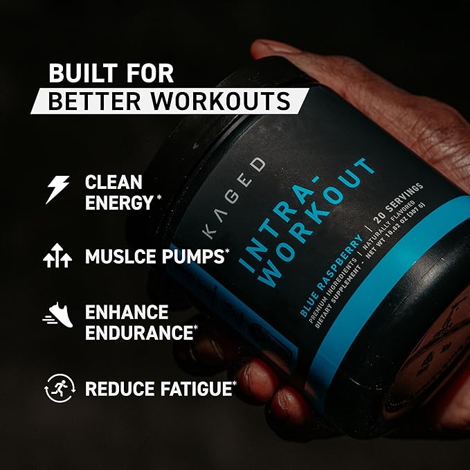 Kaged Intra-Workout Powder In-Kaged BCAAs, L-Citrulline & Beta-Alanine for Endurance 124mg Organic PurCaf Caffeine Coconut Water Powder 20 Servings Blue Raspberry