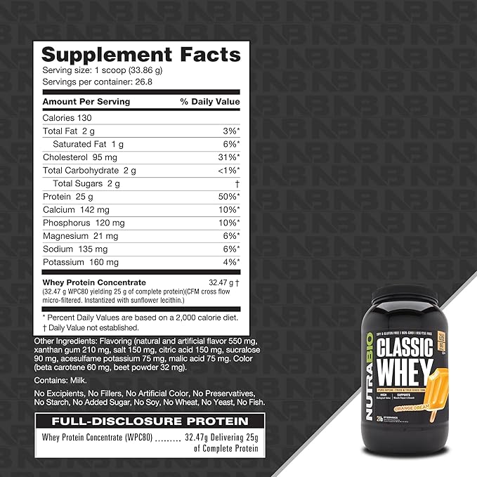 NutraBio Classic Whey Protein Powder- 25G of Protein Per Scoop - Full-Spectrum Amino Acid Profile - No Fillers, Artificial Colors, Preservatives - Orange Dream, 2 Pounds