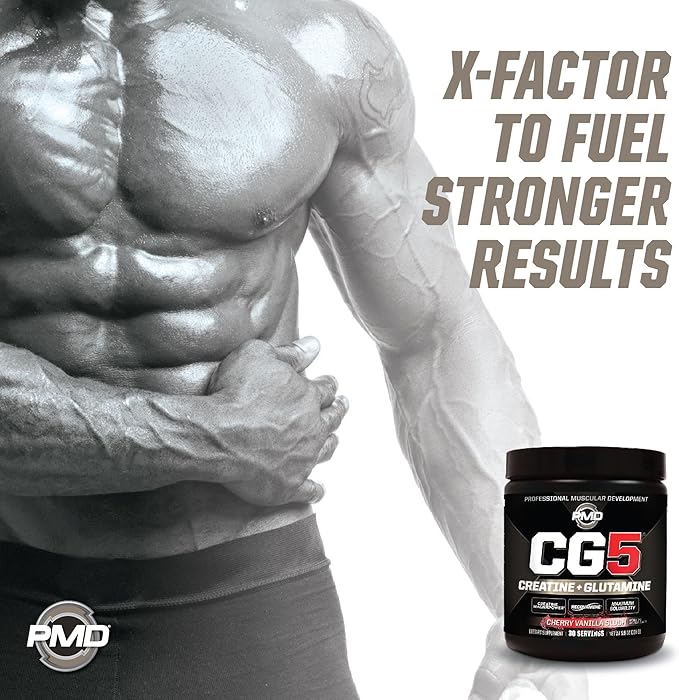PMD Sports CG5 - Premium Creatine and L Glutamine Powder - Maximum Strength Power Recovery, Build Lean Muscle, Increase Performance - Pre-Workout and Post Workout - Cherry Vanilla Slush (30 Servings)