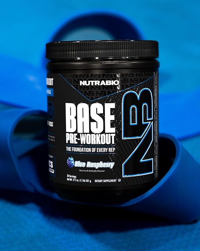 NutraBio Base Pre-Workout Powder 200mg Caffiene, Sustained Energy, Focus, Endurance, Pump, Sugar Free, Clean Preworkout for Men and Women - Beta Alanine, L-Tyrosine, 30 Servings - Blue Raspberry