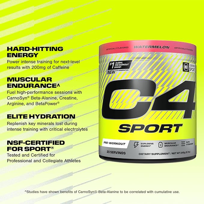 Cellucor C4 Sport Pre Workout Powder - NSF Certified for Sport - Elite Hydration - 200mg Caffeine + Creatine + Beta-Alanine - Electrolytes and Energy Supplement - Watermelon, 20 Servings