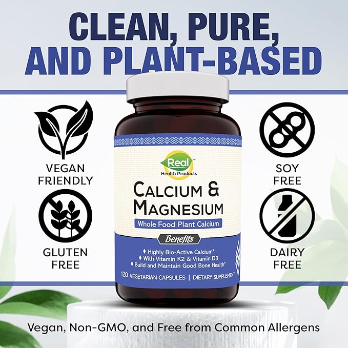 Plant-Based Calcium Magnesium Supplement with Boron, Vitamin D3 & K2 MK-7 - Optimal Calcium-Magnesium Ratio for Bone Strength and Health, Vegan, Non-GMO, Allergen-Free, 120 Capsules
