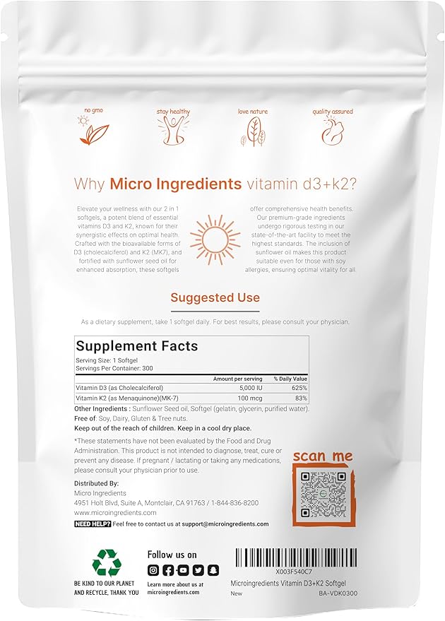 Micro Ingredients Vitamin D3 5,000iu + K2 100mcg Softgels & Omega-3 Fish Oil 120 Softgels Bundle 2 Pack | Essential Sunshine Vitamins | Wild-Caught Fish, Lemon Flavored, Burpless