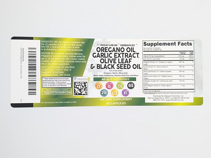 Clean Nutraceuticals Oregano Oil Garlic Extract Olive Leaf Black Seed Oil- Immune Support & Digestive Health Supplement for Women and Men with Vitamin D3 & Zinc - 5Pack
