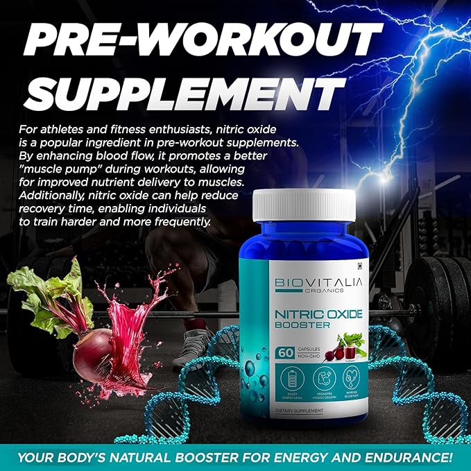 Biovitalia Nitric Oxide Booster Capsule L-Arginine Capsule Beetroot Supplement for Men & Women | Promote Blood Flow & Pre Workout Muscle Pump for Bodybuilding - 60 Vegan Capsules