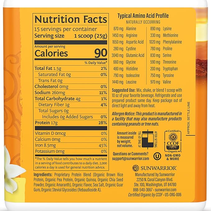 Vegan Organic Protein Powder Plant-Based | 5 Superfood Quinoa Chia Seed Soy Free Dairy Free Gluten Free Synthetic Free Non-GMO | Vanilla 15 Servings | Classic Plus by Sunwarrior