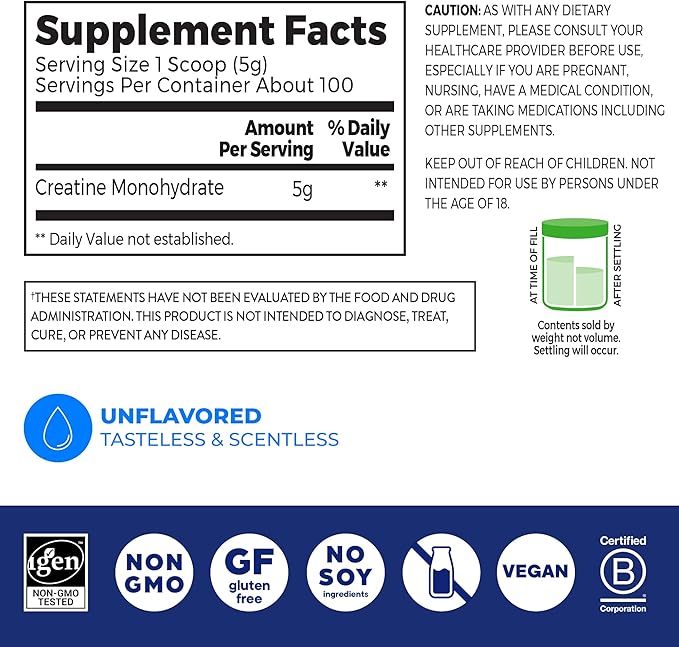 Orgain Creatine Monohydrate Micronized Powder, Unflavored, Supports Muscle Growth, Post Workout Recovery and Brain Health, No Artifical Additives, Non-GMO, 100 Servings, 17.64 Oz