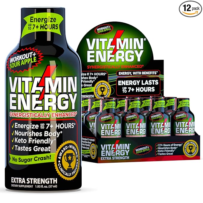Vitamin Energy Workout+ Extra Strength Daily Energy Shot – Sour Apple – 260mg Natural Caffeine, B-Vitamins – Pre-Workout & Endurance Support – Zero Sugar, Vegan, Kosher – 1.93 fl oz, 12-Pack