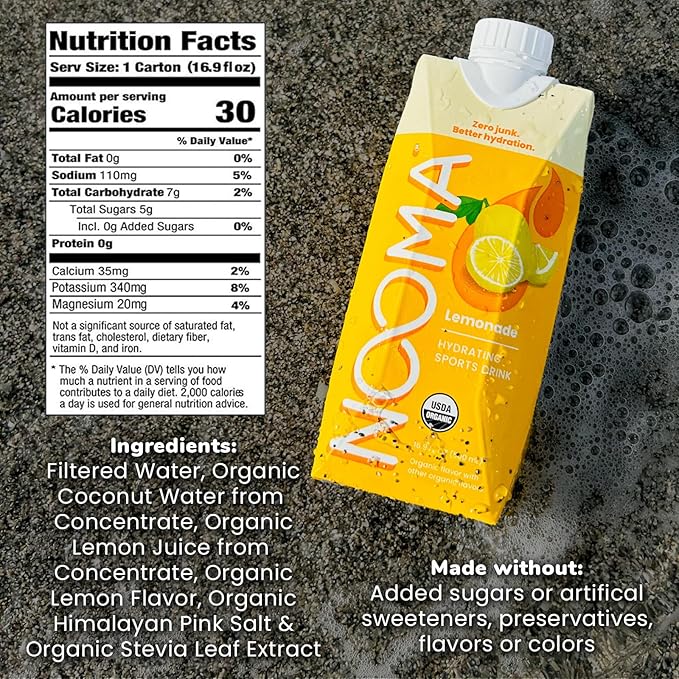 NOOMA - Hydrating Sports Drink - Electrolyte Drink with Organic Coconut Water - Organic & No Added Sugars - Rapid Hydration - 30 Calories & 505mg Electrolytes - Lemonade - 12 Pack (16.9oz each)