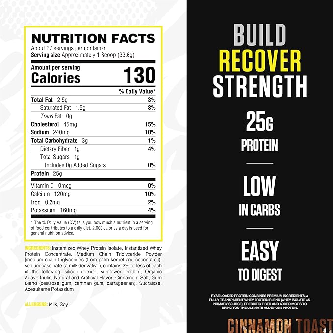 Ryse Loaded Protein Powder - Cinnamon Toast - 25g Whey Protein Isolate & Concentrate with Prebiotic Fiber & MCTs - Low Carb, Low Sugar, Digestive-Friendly - 20 Servings / 1.5 lb Tub