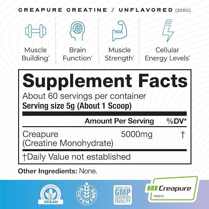 CreaPure Creatine Monohydrate Powder - by MuscleFeast | Premium Pre-Workout or Post-Workout | Easy To Mix and Gluten-Free (300 grams, Unflavored)