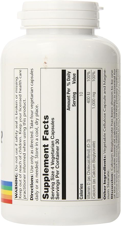 Solaray Calcium Bisglycinate 1000mg with Vitamin D-3, Chelated Calcium Supplement for Bone Strength and Healthy Teeth Support, Enhanced Absorption and Easy to Digest, 30 Servings, 120 VegCaps